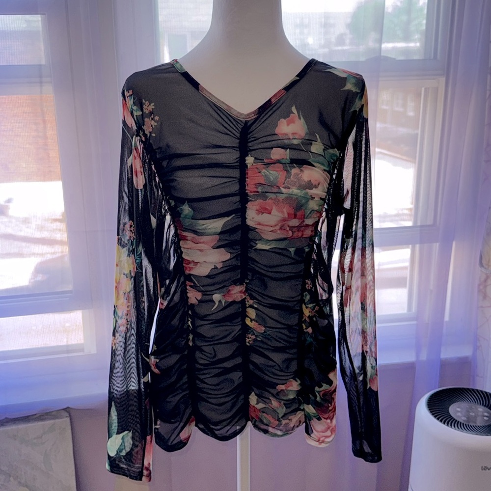 Bottlette sheer long sleeve blouse size large black and floral